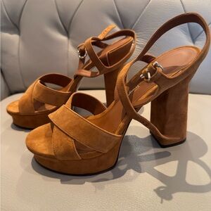 Salvatore Ferragamo Cognac Suede Platform Wrap Heels